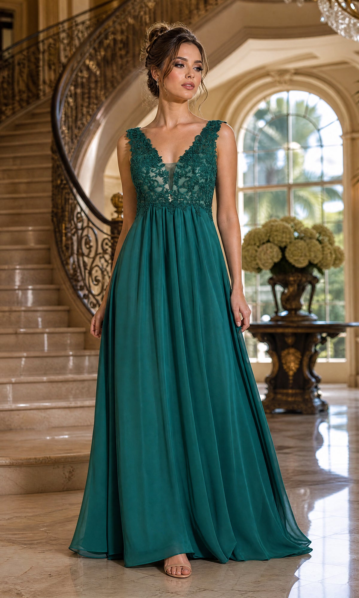 A woman in an emerald Sleeveless V-Neck Chiffon Long Prom Dress 8012 with lace detail stands indoors by a staircase, surrounded by flowers and large windows.